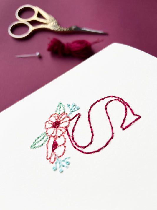 Hand-stitched Pink and Peach Floral Initial Card