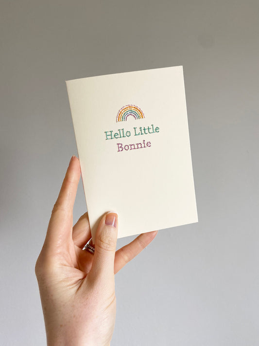 Hand-stitched Personalised Pastel Rainbow New Baby Card