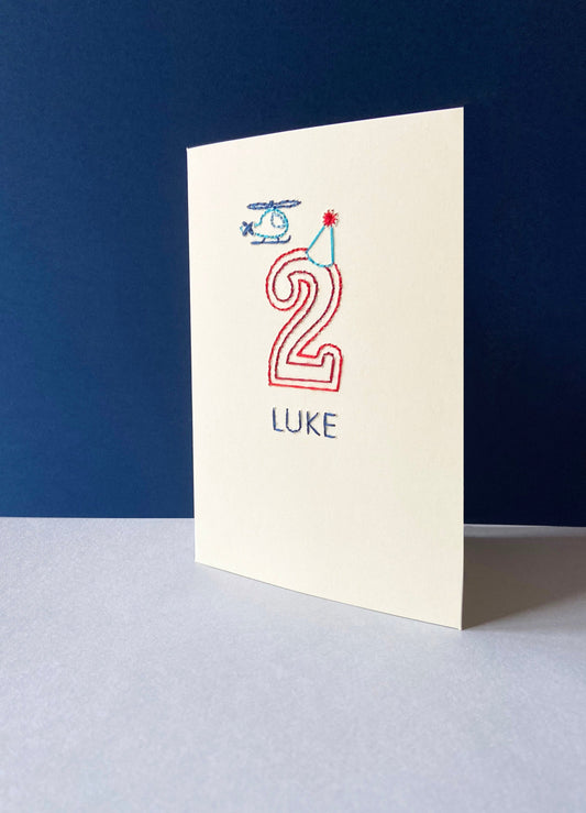 Hand-stitched Personalised Helicopter Birthday Age Card