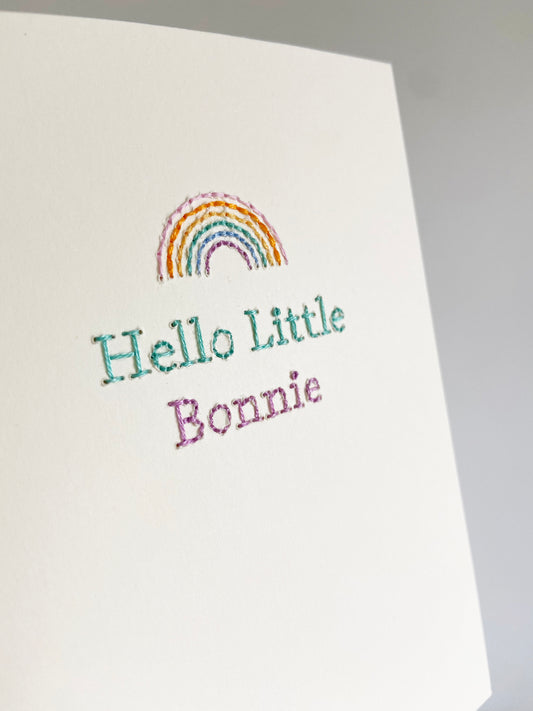 Hand-stitched Personalised Pastel Rainbow New Baby Card